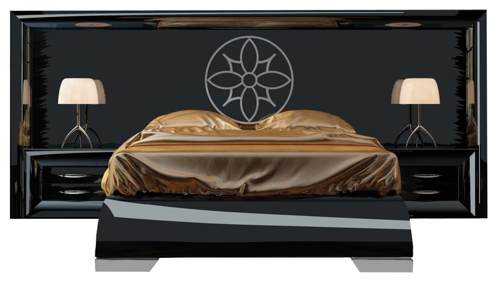 Md Sophie 45 Special Headboard Bedroom Set, Glossy Black, Queen