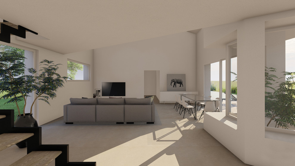 Immagine di un grande soggiorno contemporaneo aperto con pareti beige, pavimento in gres porcellanato e pavimento beige