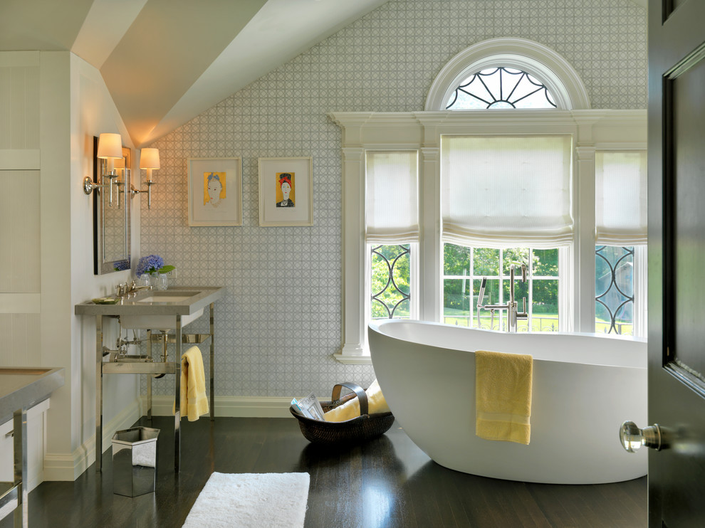 Design ideas for a transitional bathroom in Boston with an undermount sink and a freestanding tub.