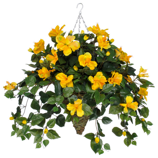 Artificial Yellow Hibiscus In Cone Hanging Basket Transitional