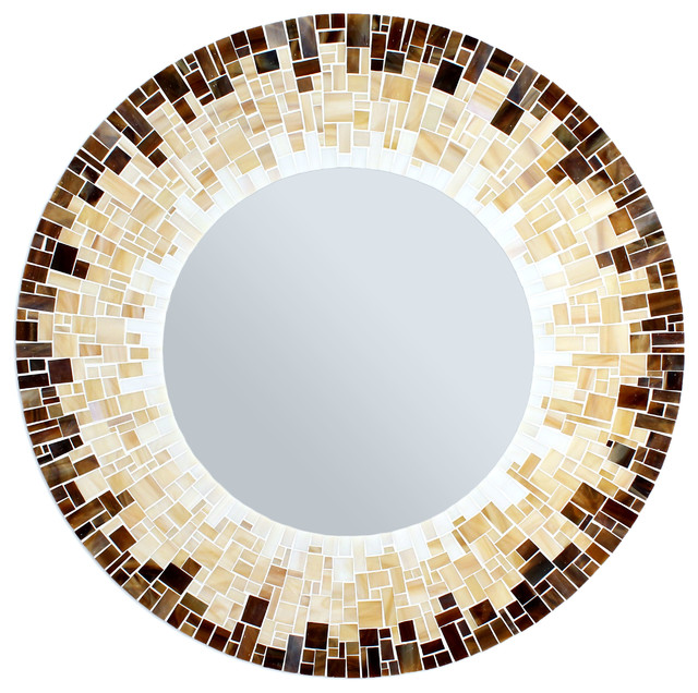 Round Wall Mirror In Mosaic Stained Glass Tiles Of Brown Beige And White 15