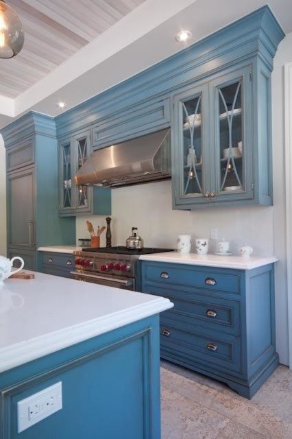 Large mountain style u-shaped ceramic tile eat-in kitchen photo in Toronto with a farmhouse sink, beaded inset cabinets, blue cabinets, quartzite countertops, white backsplash, stone slab backsplash, stainless steel appliances and an island