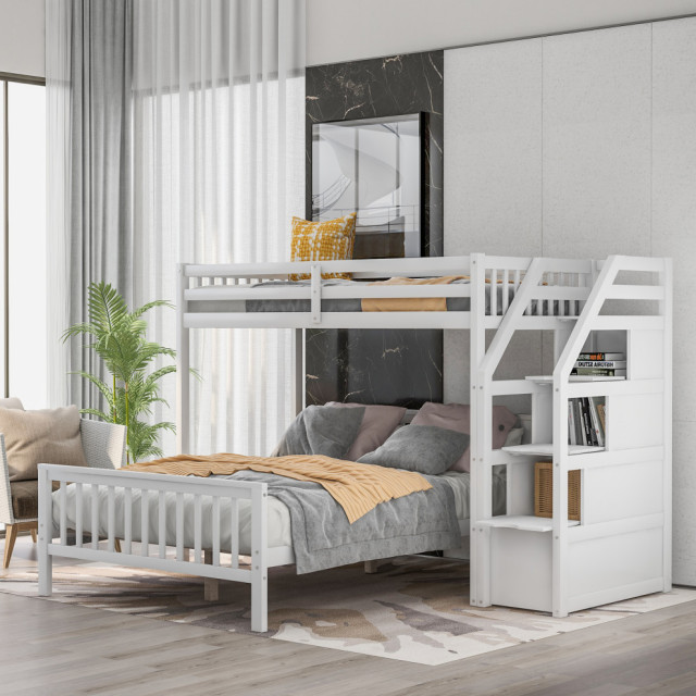 Twin Over Full Loft Bed With Staircase White - Transitional - Loft Beds ...