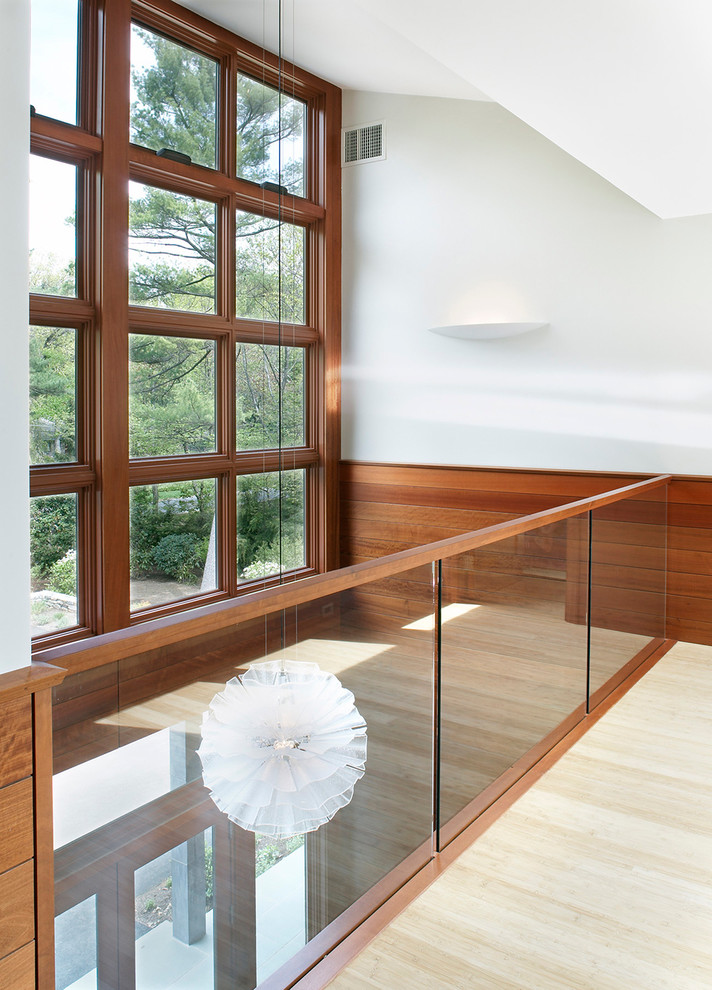 This is an example of a mid-sized contemporary hallway in Boston with white walls and light hardwood floors.