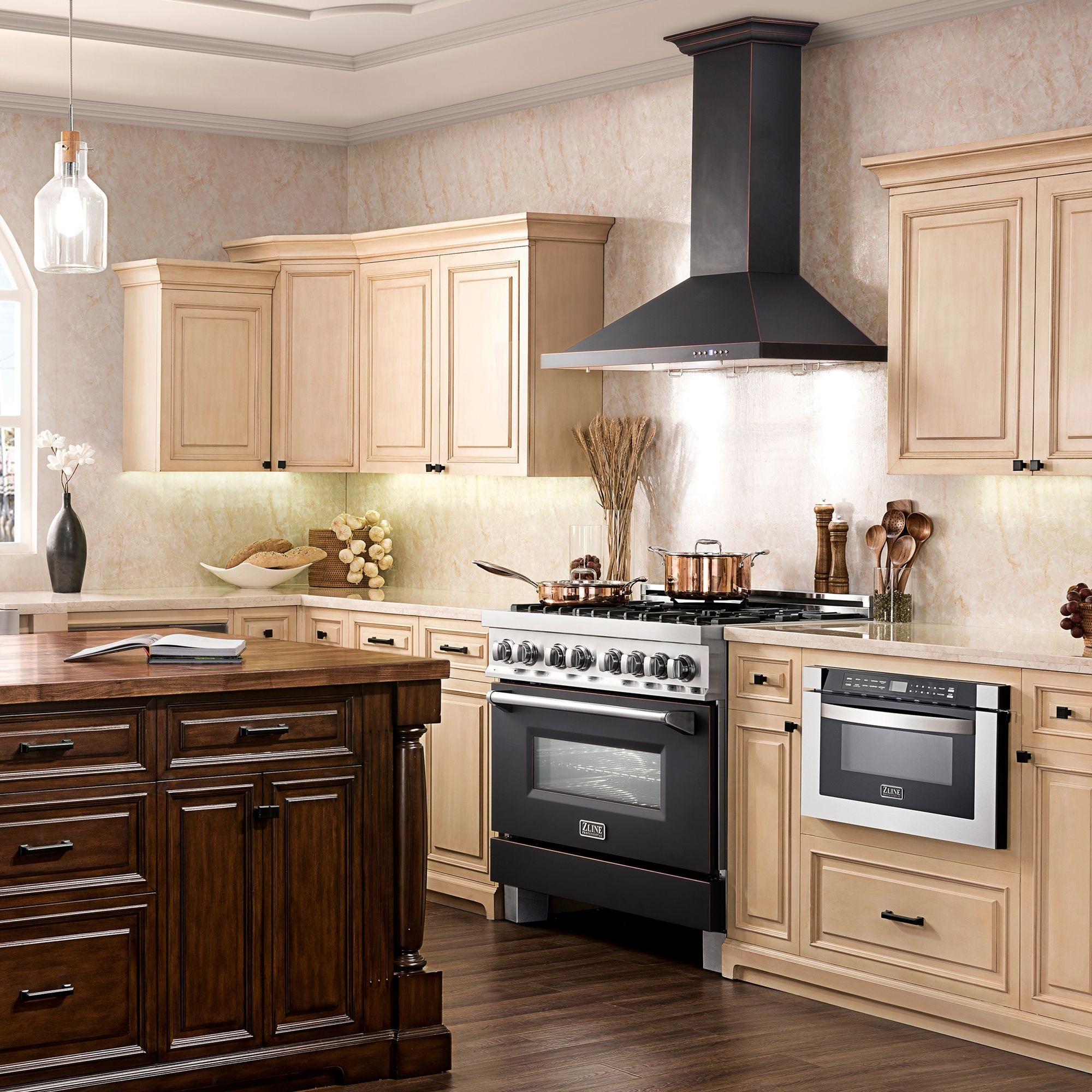 Kitchens featuring a ZLINE Copper Wall Range Hood