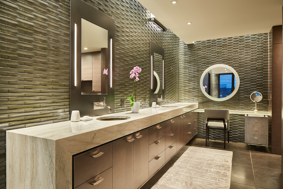 Design ideas for a contemporary master bathroom in Seattle with flat-panel cabinets, brown cabinets, gray tile, an undermount sink, black floor and beige benchtops.