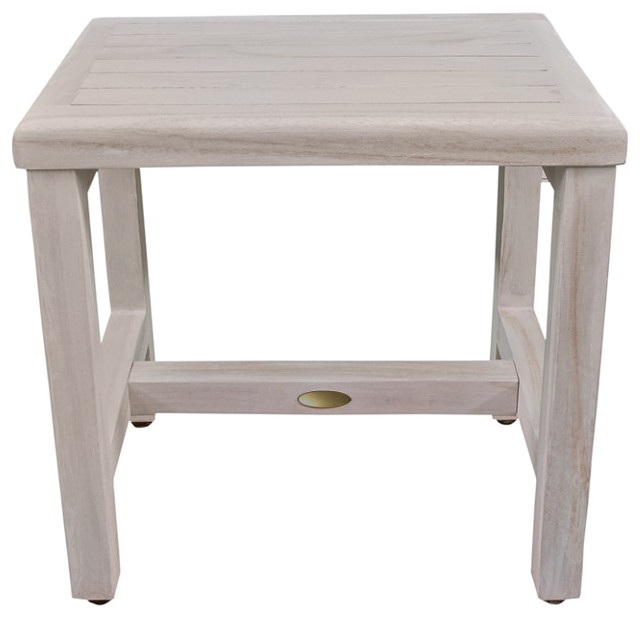 Compact Rectangular Teak Shower Or Outdoor Bench In Driftwood Finish