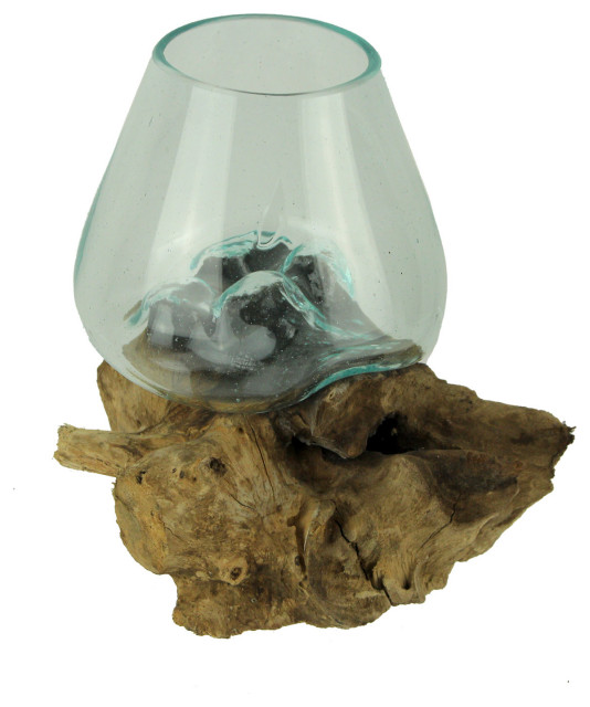 Clear Molten Glass On Teak Driftwood Base Decorative Bowl Vase Terrarium Plante