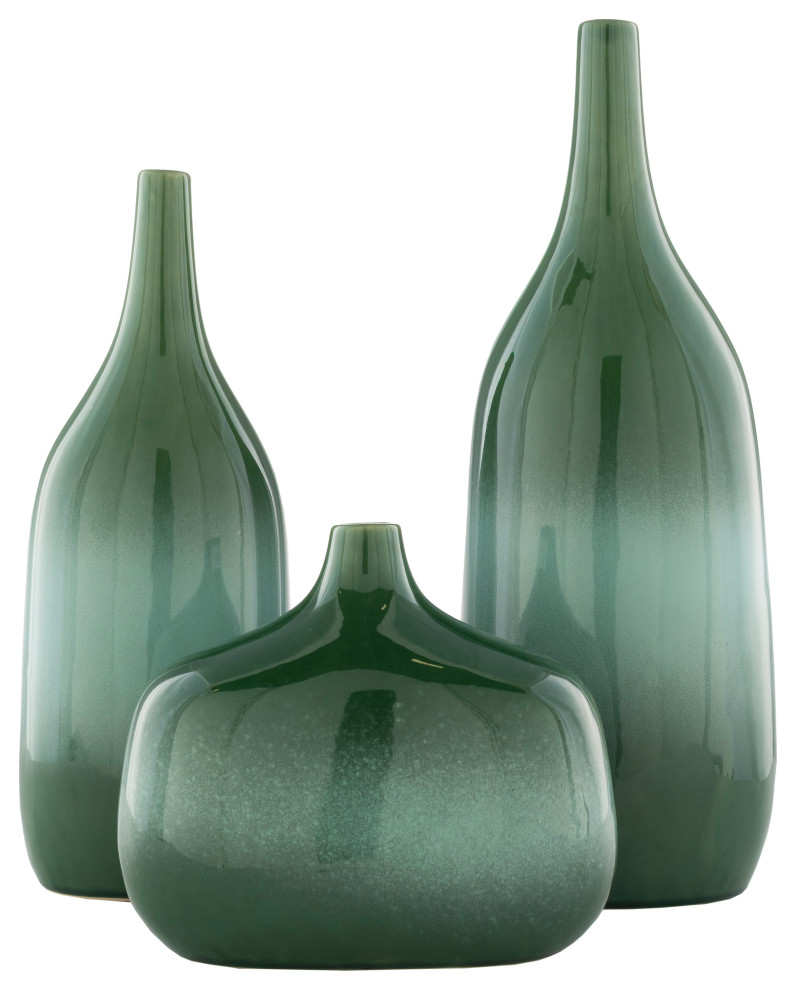Sparta Transitional Outdoor Safe Bottle Neck Vases, 3-Piece Set, Green
