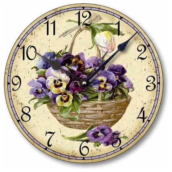 Victorian-Style Basket of Pansies Clock, 10.5 Inch Diameter