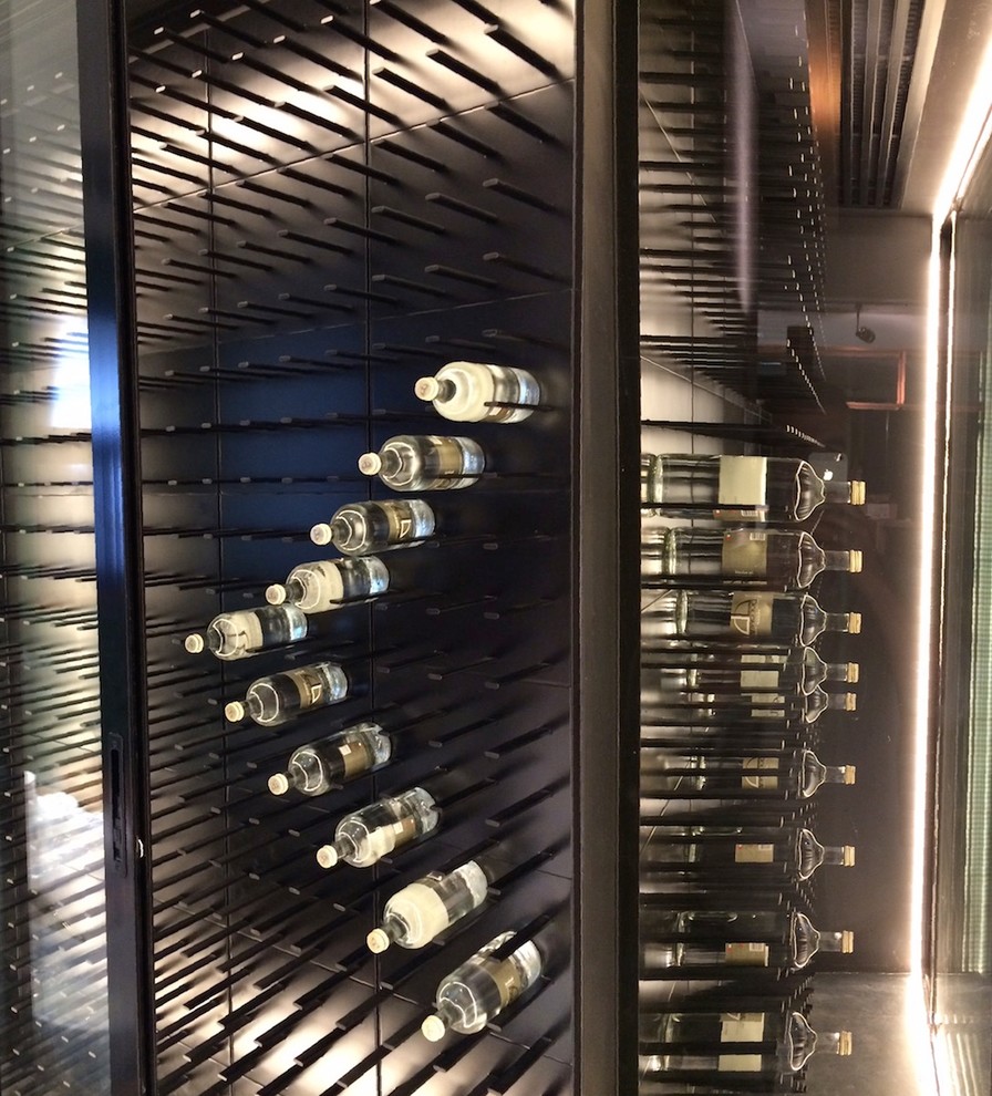 Huge minimalist wine cellar photo in Other with display racks