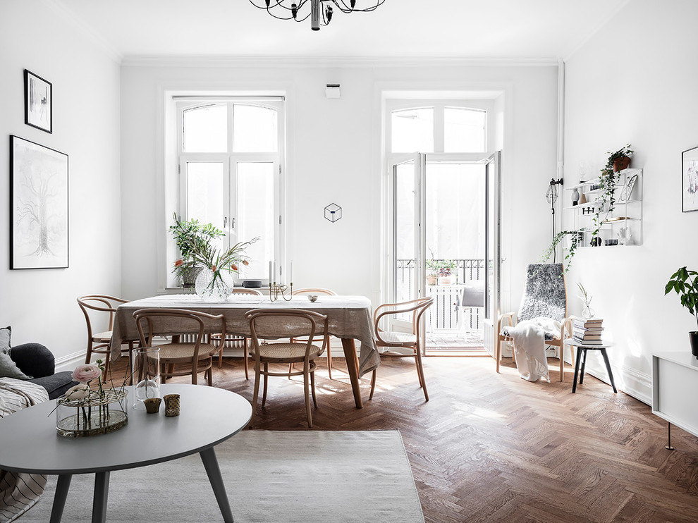 Design ideas for a mid-sized scandinavian dining room in Gothenburg with white walls.