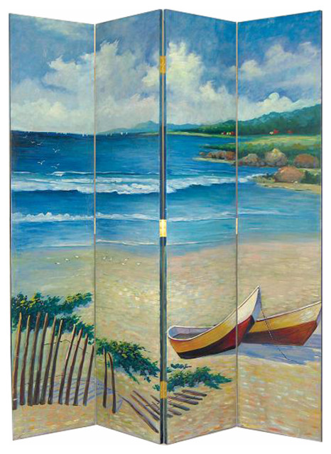 View of Wooden 4 Panel Room Divider with Coastal Print, Multicolor - Beach ...