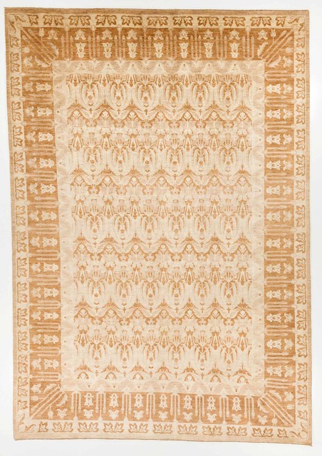 Contemporary Handmade Ikat Area Rug With Border White and Gold 9x14