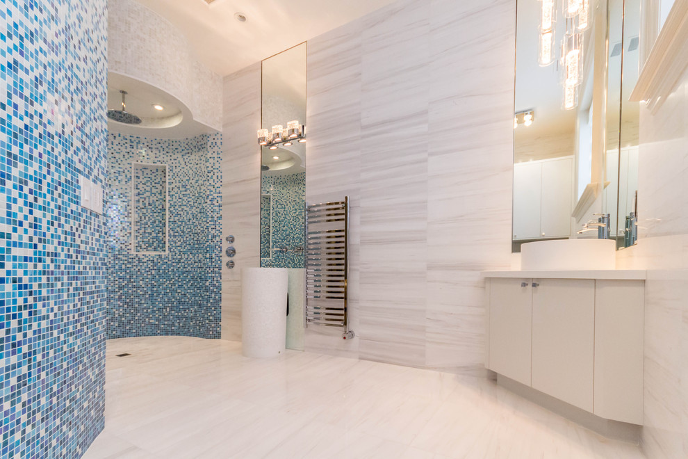 Design ideas for an expansive transitional master bathroom in Toronto with blue tile, white tile, mosaic tile, beige walls, marble floors, a pedestal sink, beige floor, an open shower, flat-panel cabinets, white cabinets, an open shower and white benchtops.
