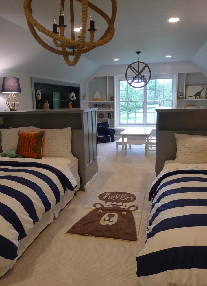 Design ideas for a large transitional loft-style bedroom in Indianapolis with blue walls and carpet.