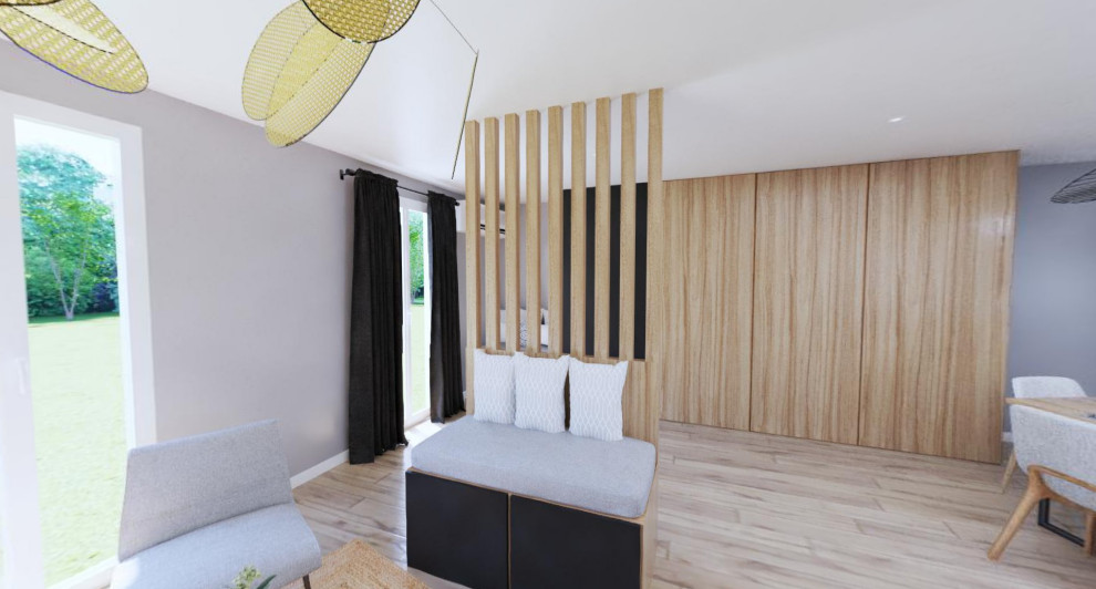 マルセイユにあるお手頃価格の中くらいなコンテンポラリースタイルのおしゃれなオープンリビング (ホームバー、白い壁、セラミックタイルの床、テレビなし) の写真
