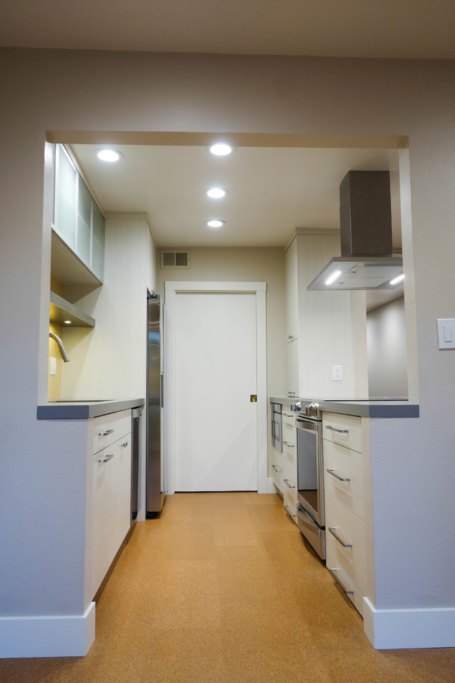 Small contemporary galley eat-in kitchen in San Francisco with a single-bowl sink, flat-panel cabinets, beige cabinets, quartz benchtops, yellow splashback, porcelain splashback, stainless steel appliances, cork floors, yellow floor and grey benchtop.