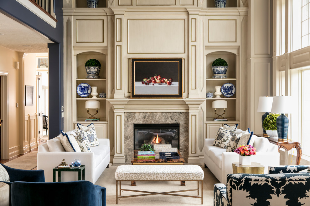 Design ideas for an expansive traditional formal open concept living room in Other with blue walls, a standard fireplace and a stone fireplace surround.