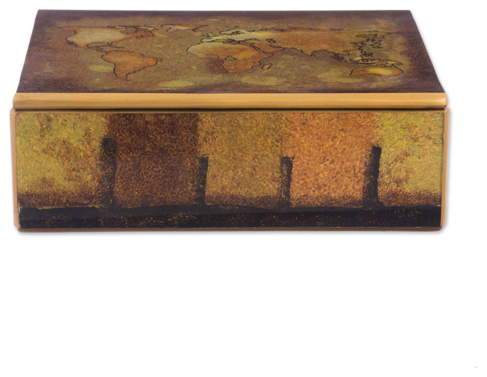 NOVICA Cartographer'S Treasure And Reverse Painted Glass Decorative Box