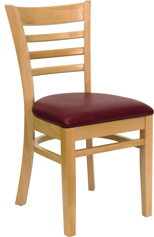 Ladder Back Natural Wood Restaurant Chair, Burgundy Vinyl Seat