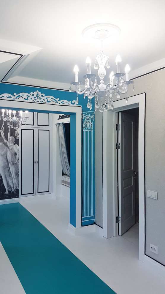 This is an example of a small contemporary kids' room for girls in Moscow with grey walls, linoleum floors and turquoise floor.