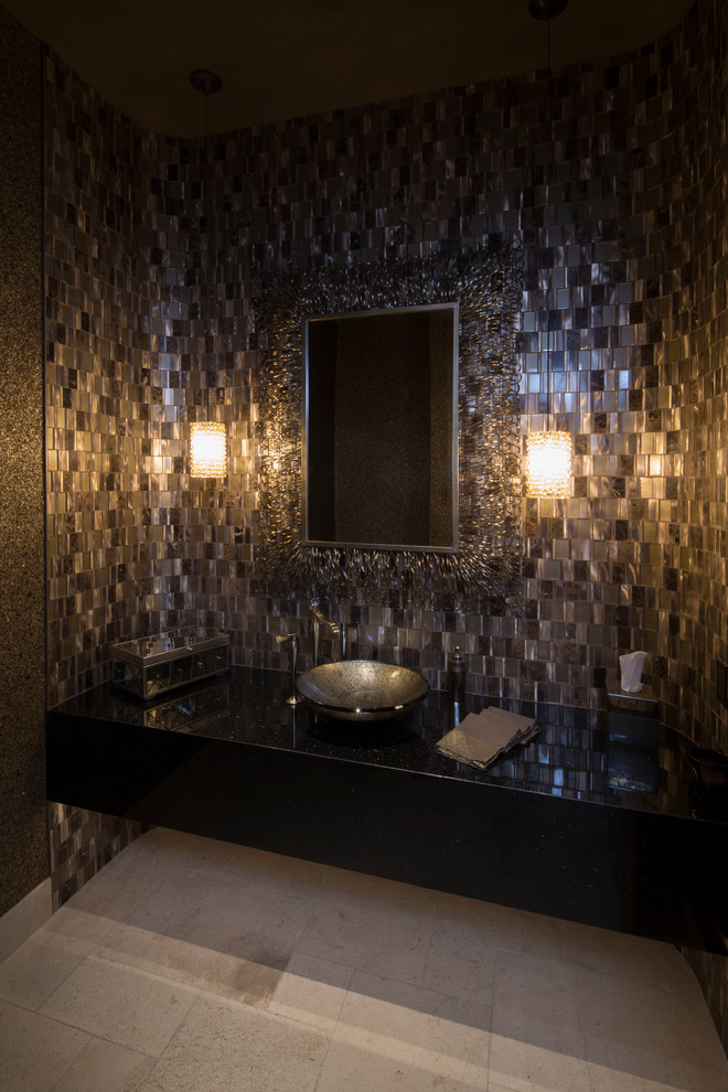 Mid-sized contemporary master bathroom in Los Angeles with an open shower, a one-piece toilet, black and white tile, stone slab, black walls, ceramic floors, a vessel sink and solid surface benchtops.