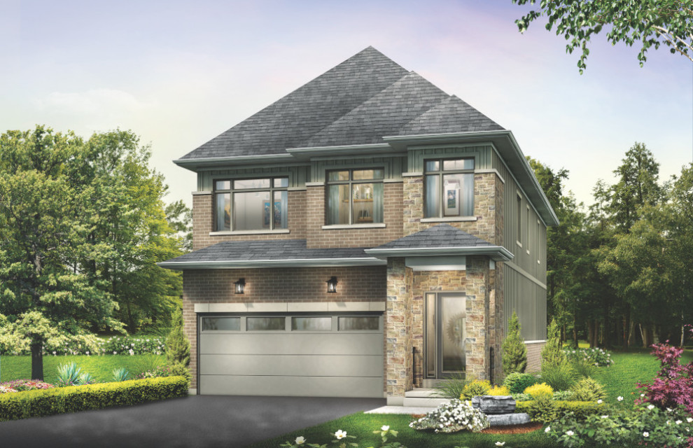 Design ideas for a medium sized and multi-coloured classic two floor brick detached house in Toronto with a hip roof, a shingle roof, a black roof and shiplap cladding.