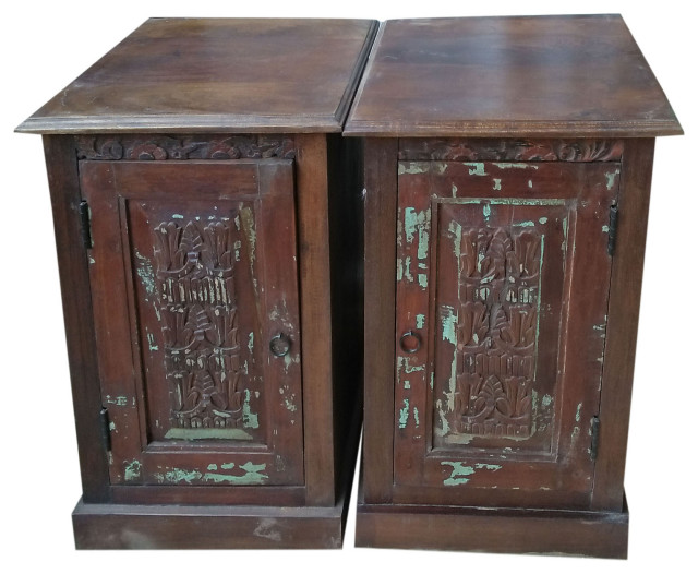 Consigned 2 Antique Side Tables Nightstand Hand Carved Bar Cabinet Rustic Wood Asian Nightstands And Bedside Tables By Mogul Interior