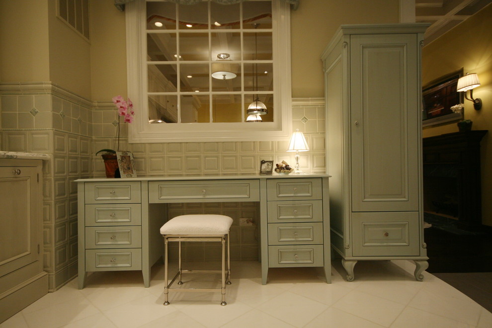 Bathroom - large transitional master gray tile bathroom idea in Chicago with recessed-panel cabinets, distressed cabinets and marble countertops