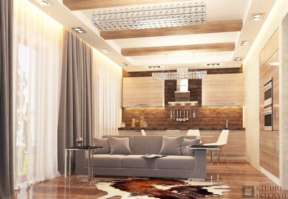 Интерьер квартиры выполнен в современном стиле .