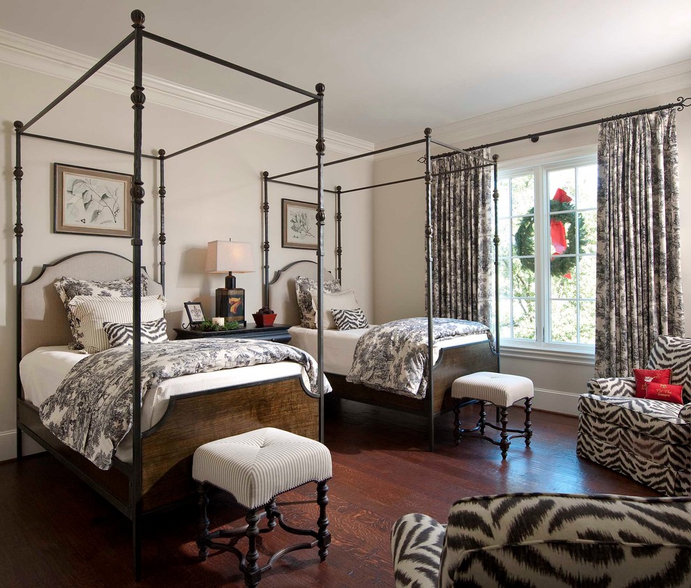 Inspiration for a large traditional guest bedroom in Dallas with dark hardwood floors.