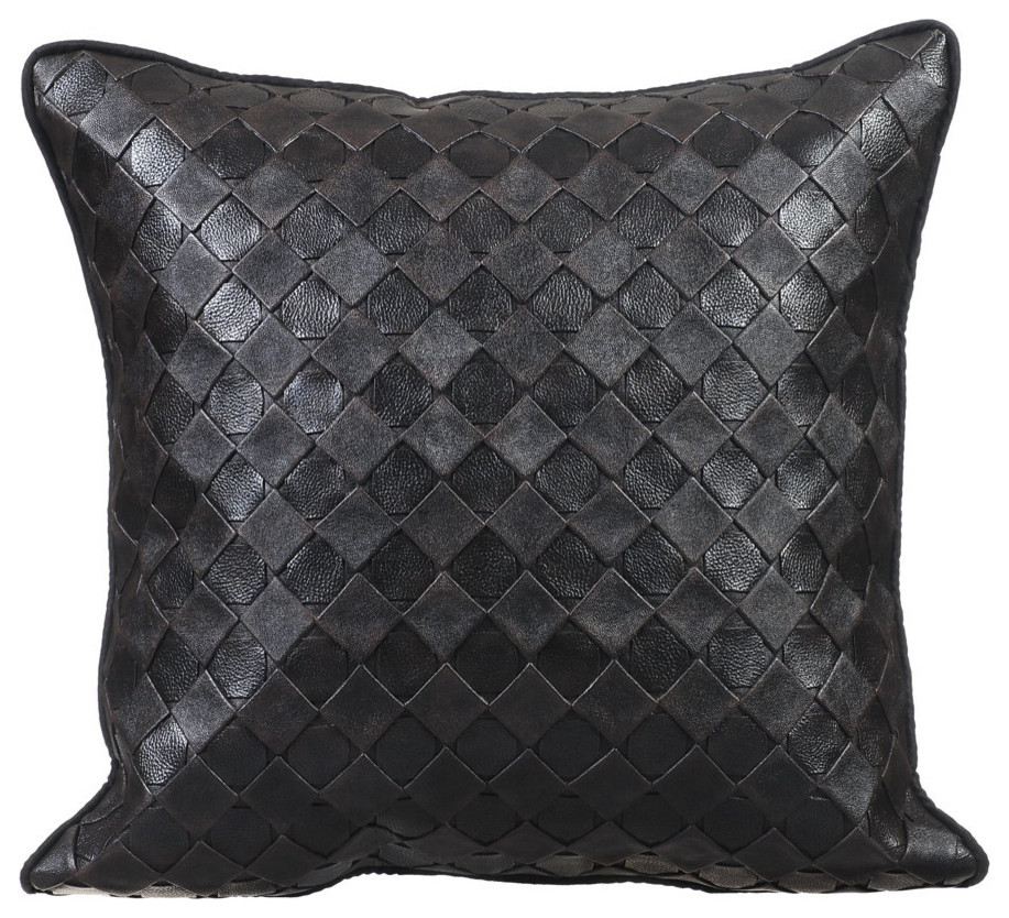 Textured Faux Leather 16"x16" Black Pillows Cover, Black Leather Weave