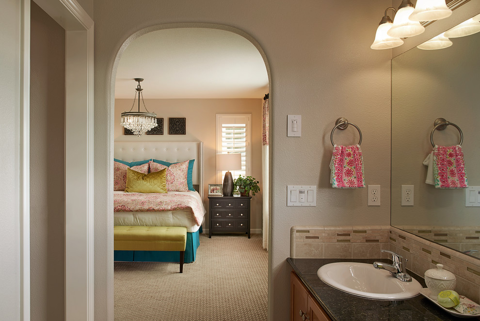 Bedroom - transitional master carpeted and beige floor bedroom idea with beige walls
