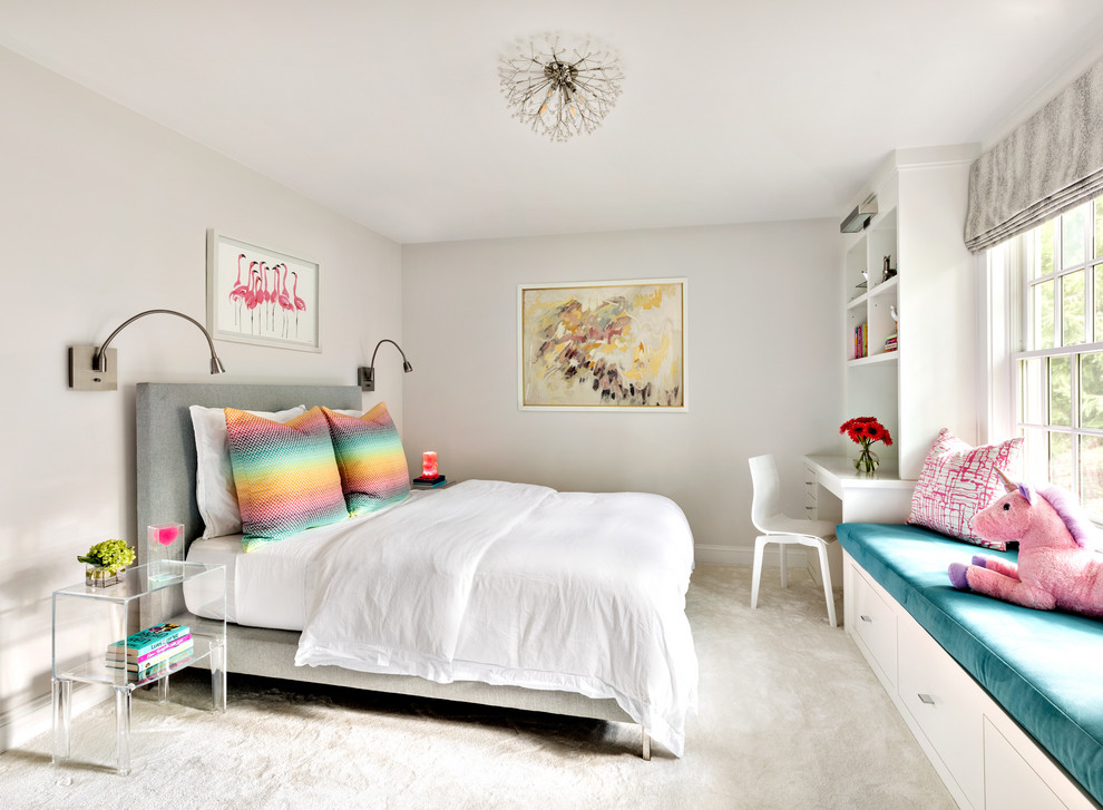 Transitional kids' bedroom in New York with grey walls, carpet and grey floor for girls.