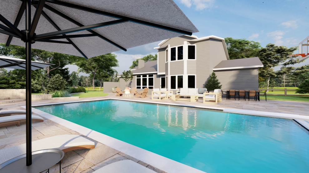 Inspiration pour un piscine avec aménagement paysager arrière minimaliste de taille moyenne et rectangle avec des pavés en brique.
