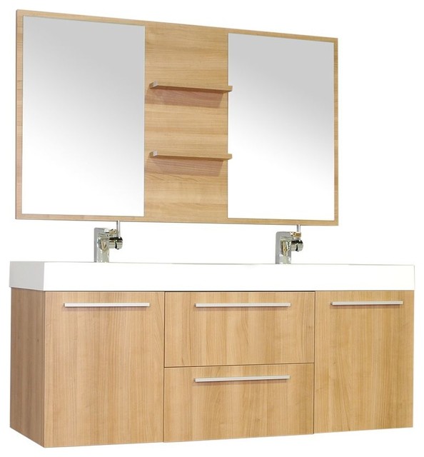 Greenville 54" Double Wall Mount Modern Bathroom Vanity, Light Oak With