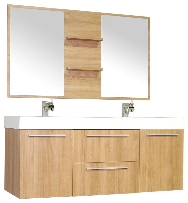 Greenville 54" Double Wall Mount Modern Bathroom Vanity, Light Oak With Mirror Contemporary