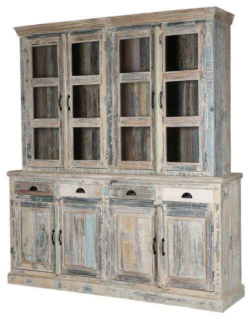 Cavea Country Winter White Rustic Reclaimed Wood Large Kitchen Hutch