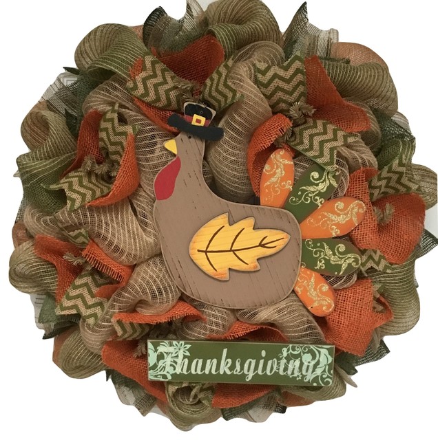 Colorful Wood Thanksgiving Turkey Burlap Wreath Deco Mesh Farmhouse