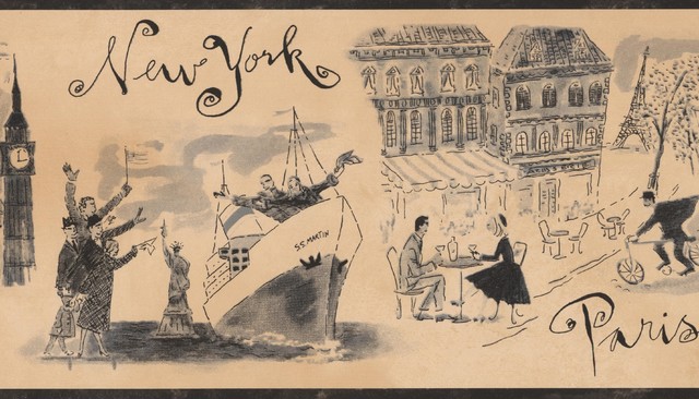 Vintage London Paris New York Venice Sketches Beige Grey Wallpaper