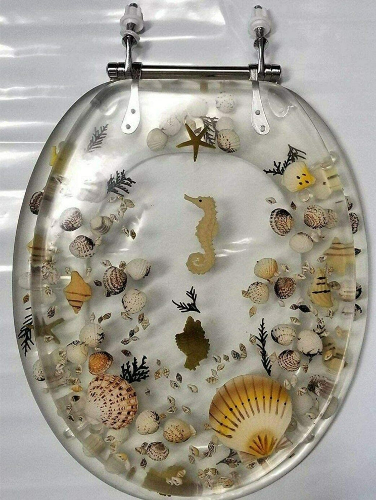 Seashell And Seahorse Resin Toilet Seat, Chrome Hinges, Clear