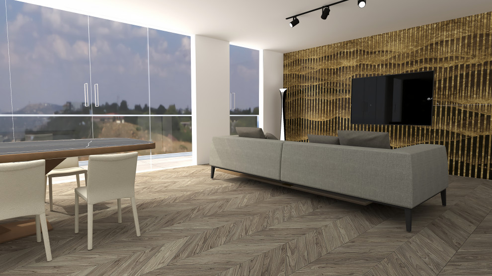 Mid-sized trendy open concept porcelain tile, beige floor and wallpaper living room photo in Milan with white walls and a wall-mounted tv