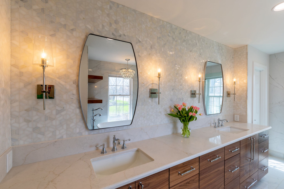 Inspiration for a large transitional master mosaic tile porcelain tile and double-sink bathroom remodel in Kansas City with flat-panel cabinets, medium tone wood cabinets, a bidet, an undermount sink, quartz countertops, a niche and a freestanding vanity
