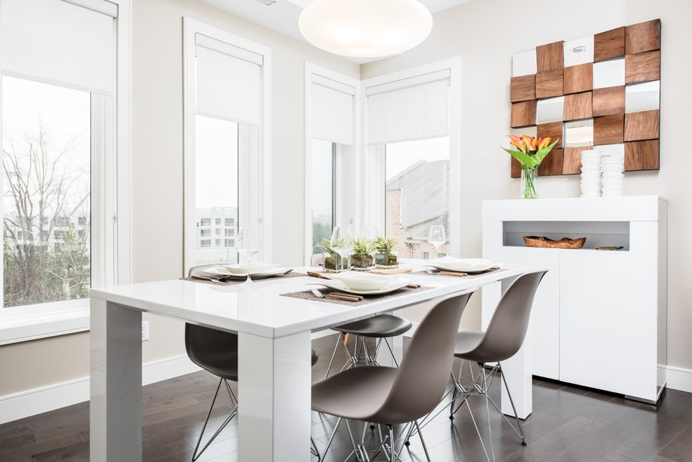 Inspiration for a mid-sized modern kitchen/dining combo in Toronto with grey walls and dark hardwood floors.