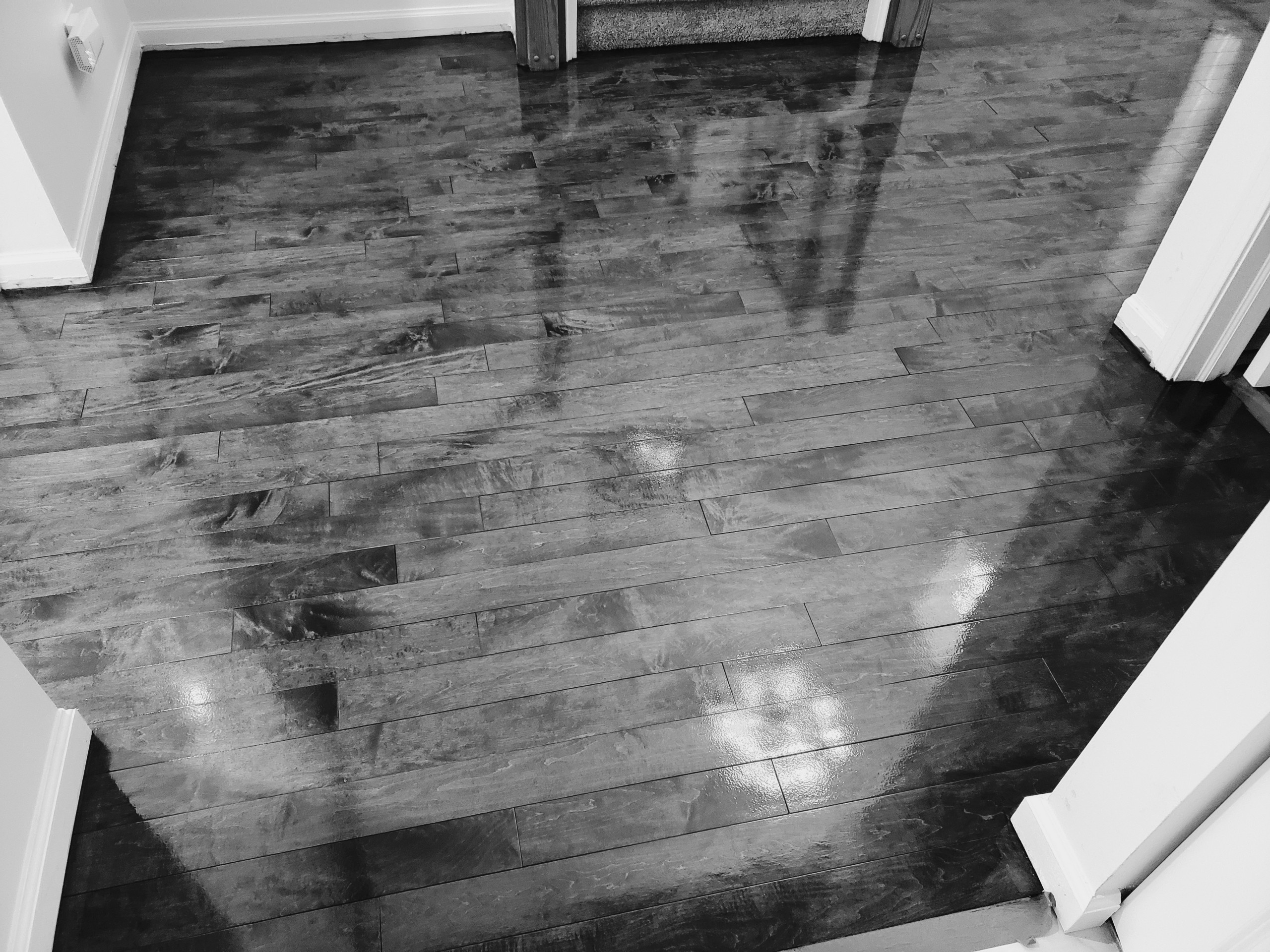 Aurora engineered floors refinished , custom stain , satin sweedish finish