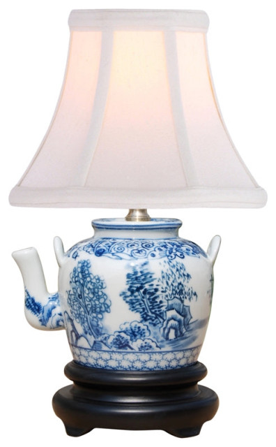 Blue and White Blue Willow Tea Pot Table Lamp, 12"