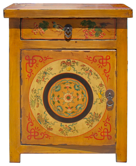 Chinese Oriental Distressed Mustard Yellow Graphic End Table Nightstand Hcs5767 Asian