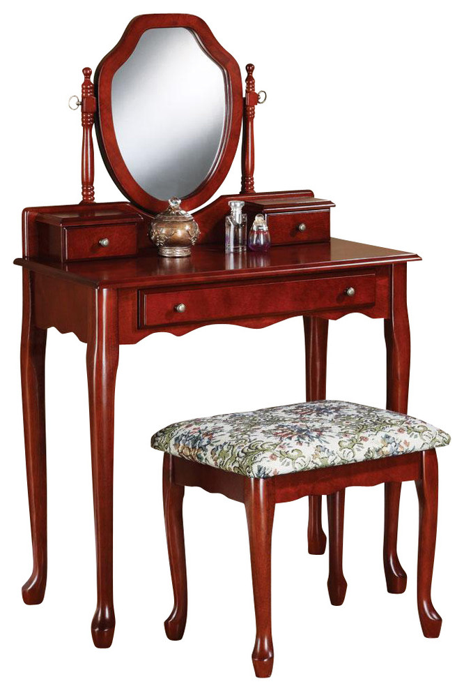 Coaster Traditional Vanity and Stool With Tapestry Fabric Seat, Cherry 