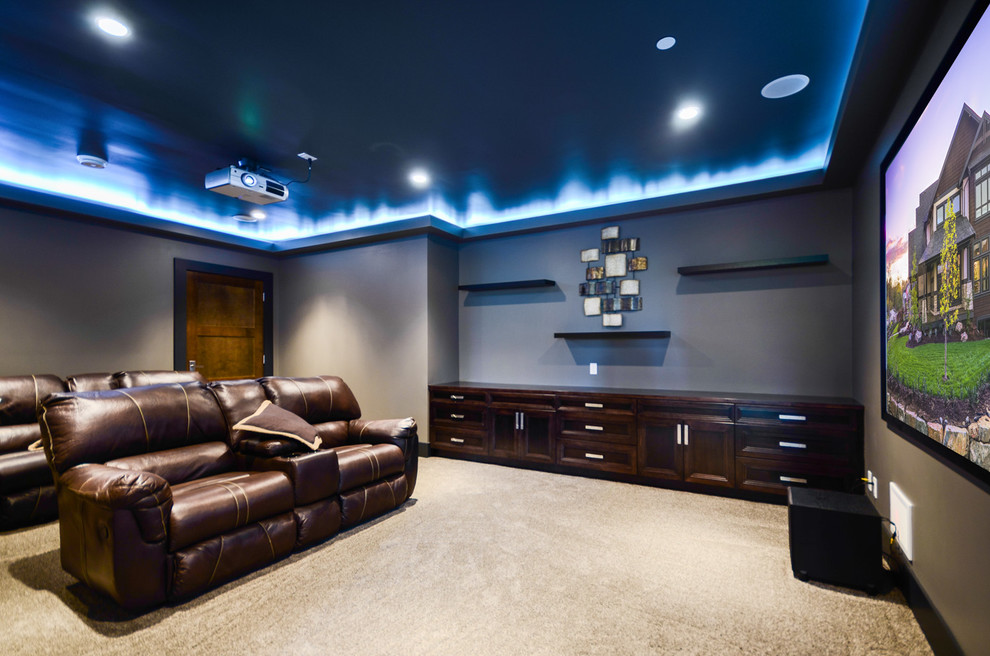 Design ideas for a transitional home theatre in Vancouver.